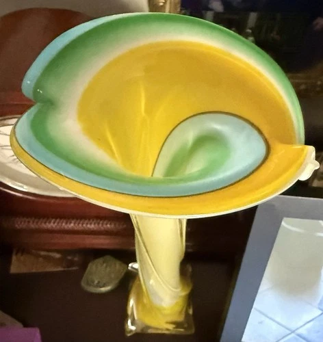13” Murano Style Jack in the Pulpit Art Glass Vase Yellow Green Beautiful