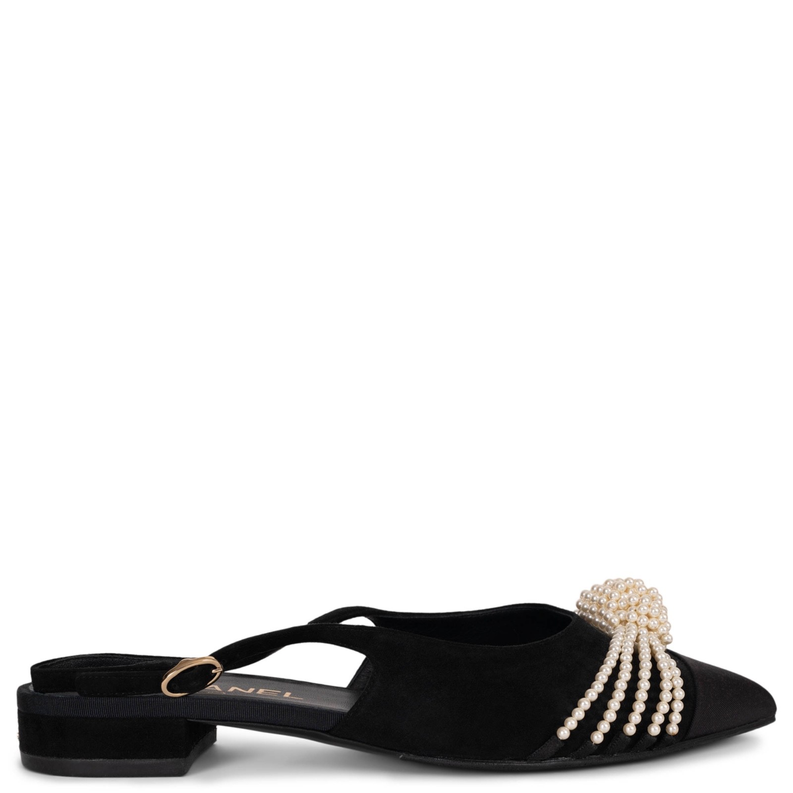 CHANEL Black Suede Pearl Embellished Flats Size 38.5