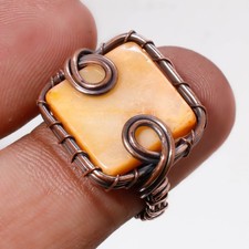 Orange Mother Of Pearl Gemstone Wire Wrap Copper Gift Jewelry Ring 6.25" PG 549