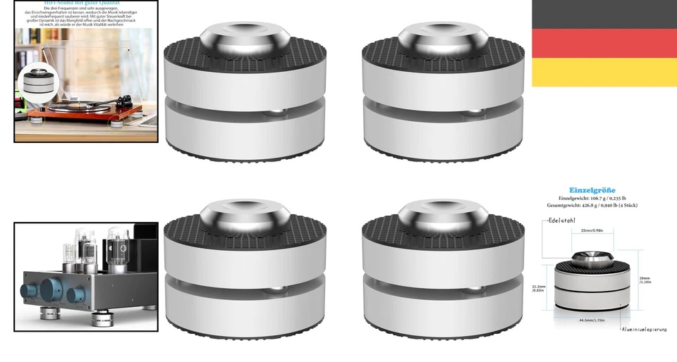 4 Stück HiFi Lautsprecher Füße aus Aluminium & Edelstahl - Silver Shock Absorber - Bild 2 von 4