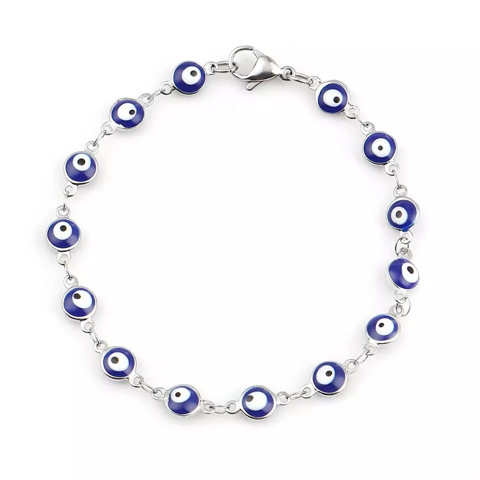 Stainless Steel Blue Evil Eye Bracelet Lucky Turkish Charm Chain Silver