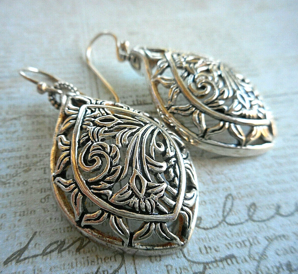 Brincos de gota de videira Barse placa de prata envelhecida Bellisimo 31AG - Imagem 2 de 4