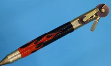 Piston Ballpoint Pen in Brass with Oil Rubbed Bronze Wheels and Wood Flame Inlay