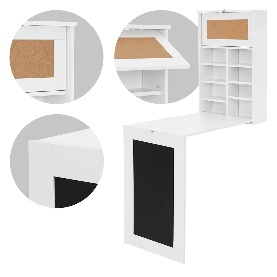 Table pliante multifonctionnelle avec 8 étagères bureau murale rabattable blanc - Photo 4/4