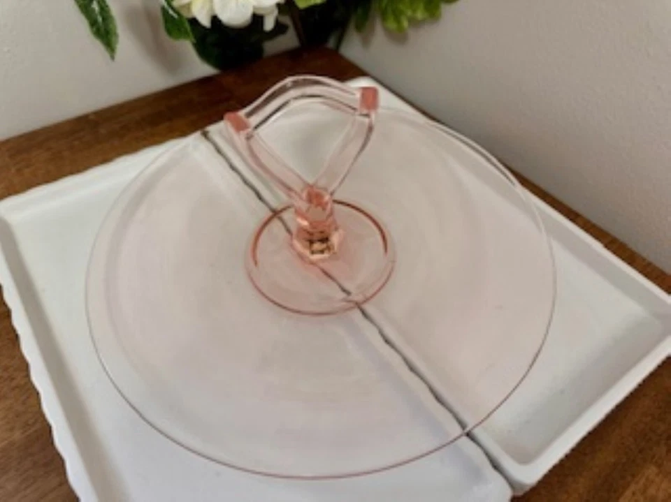 Pink Depression Glass Sandwich Plate – Vintage Handled Serving Tray 1930s Plain - Image 2 of 4