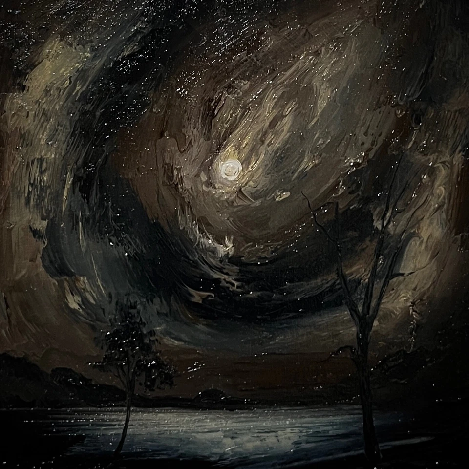 Pintura al óleo original luna llena gótica paisaje sobre lienzo arte impresionismo Foto 3 de 4
