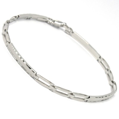 18K WHITE GOLD BRACELET WORKED PLATE ALTERNATE SQUARE DOUBLE LINK, ITALY MADE