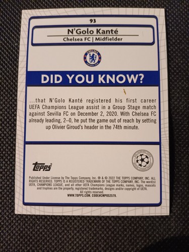2022 N'GOLO KANTE TOPPS MERLIN AQUA TEAL PRIZM SOCCER CARD #93 CHELSEA FC - Picture 2 of 2