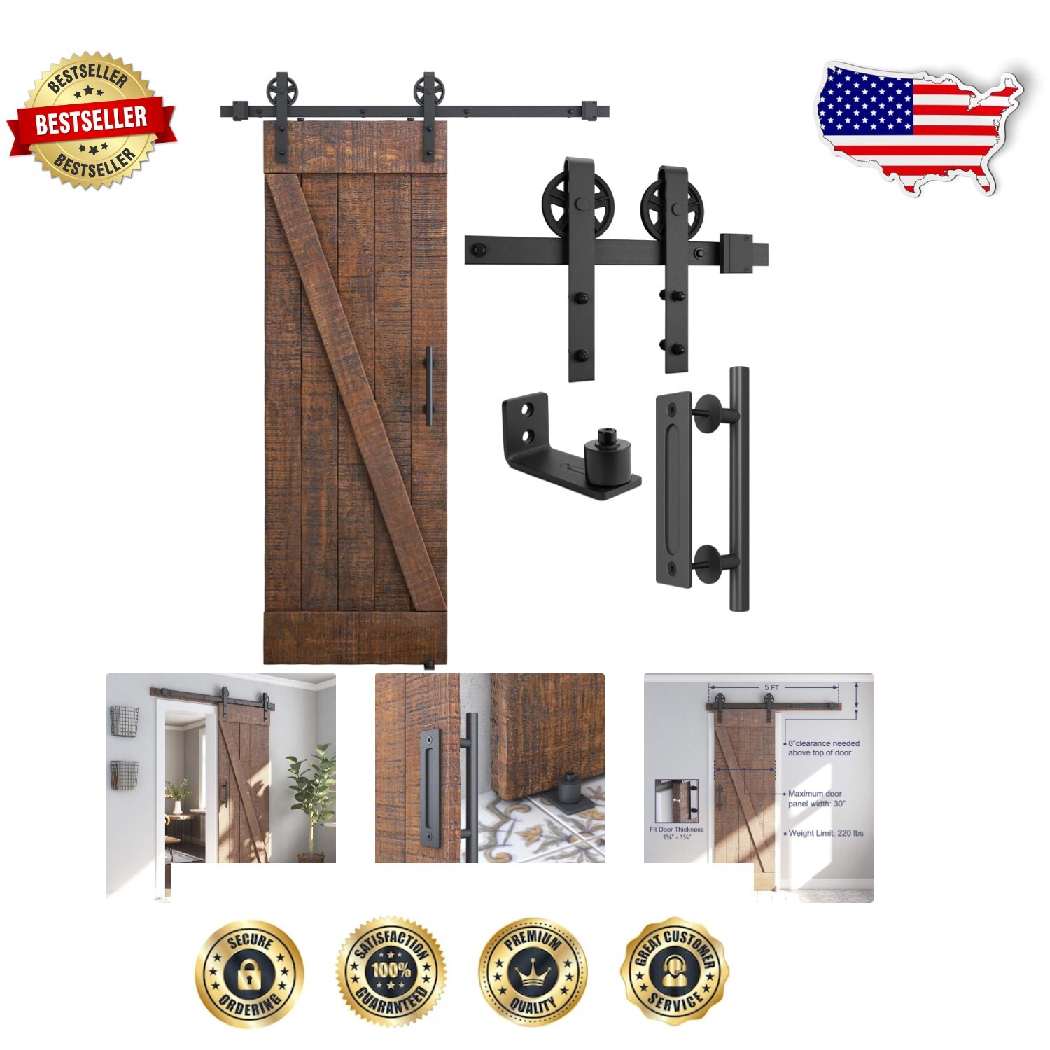 Matte Black 5ft Barn Door Hardware Kit - High Quality Carbon Steel Construction