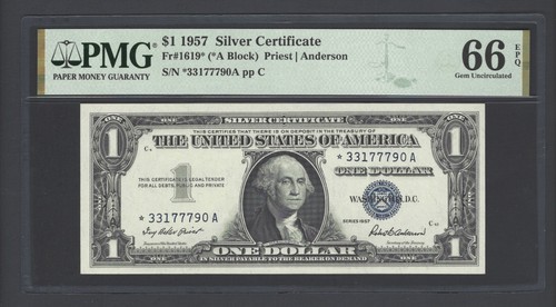 United States-Silver Certificate 1 Dollar 1957 Fr#1619* (*A Block) UNC Grade 66