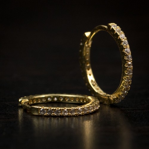 14K Gold Plated Men's Small Thin 925 Sterling Silver Huggie Hoop Earrings - Picture 2 of 5