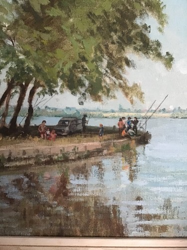Pintura al óleo a bordo enmarcada firmada, Sunday Afternoon Rochford. Familia de pesca - Imagen 6 de 7