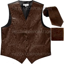 New Vesuvio Napoli Men's paisley Tuxedo Vest Waistcoat Necktie  Hankie Brown