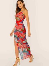 SHEIN Floral Print Slit Hem Draped Slip Dress RED Size M