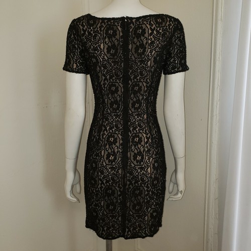 VESTIDO DE CÓCTEL OLEG CASSINI CORBATA NEGRA Talla 4 Negro y Beige ENCAJE LENTEJUELAS - Imagen 11 de 12