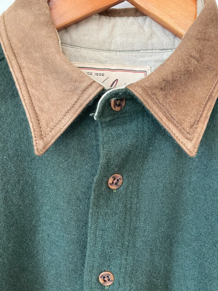Woolrich Wool Shirt Jacket Men's Large Green, Suede Collar Patches - Image 3 of 4