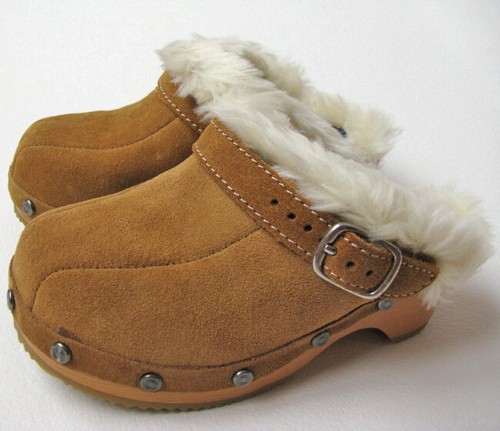 VTG NEW Faded Glory Tan Brown Suede Leather Fur Lined Clogs Shoes girls 9 Nib