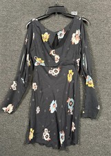 Free People Sunshadows Split-Sleeve Mini Dress Womens Size 6 Black Floral Boho