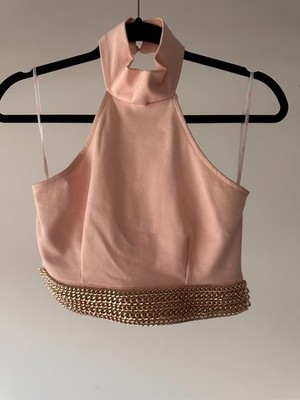 Pink Halter Crop Top Women Small Open Back Chain Detail Party Clubwear