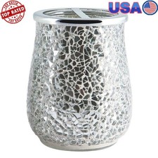 Elegant Mirrored Mosaic Glass Toothbrush Holder Silver Grey Shiny Chrome Lid BHG