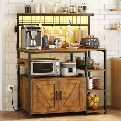 TVU Bakers Rack with Power Outlet and LED Light Microwave Stand with Storage