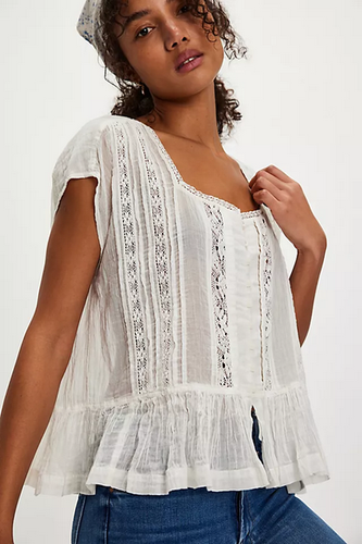 Blusa Top Free People FP One Georgia Borde de Encaje Manga Tapa Blanca Verano XS - Imagen 3 de 7