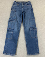 American Eagle Super High Rise Baggy Straight Cargo Blue Jeans Womens 2 Utility