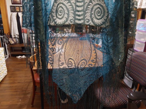 Heritage Lace Fringe Shawl Wrap Vintage 1970s Moth Blue Boho Sexy - Picture 3 of 9