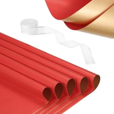 20 Sheets Flower Wrapping Paper with Ribbon 22.8" x 22.8" Red/Gold Tone