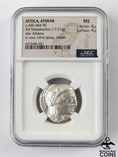 c. 440 404 a.C. Attica Atene AR Tetradracma Gufo NGC MS Colpo 4/5 Superficie 4/5