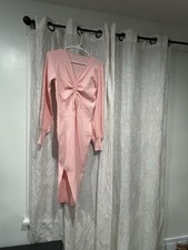 Pink Knit Midi Sweater Dress V-Neck Drawstring Balloon Sleeve Size S