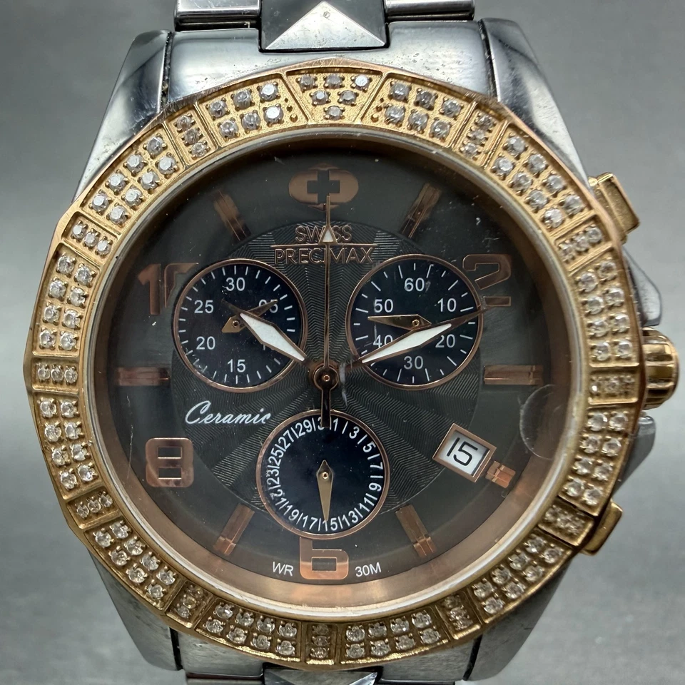 Reloj Swiss Precimax Cronógrafo Mujer 38mm Esfera Negra Cerámica Fecha Nuevo Batt Foto 2 de 4