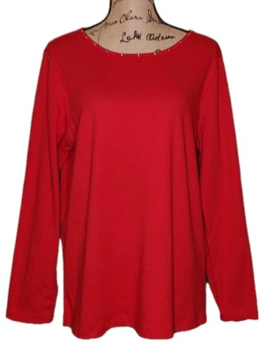 Quacker Factory - Cotton Blend Red Jewel Neck Long Sleeve Tunic - Women's Large - Picture 1 of 4