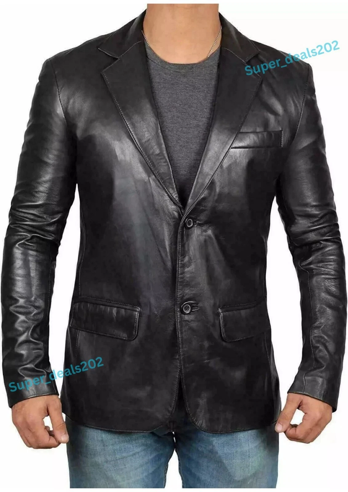 Mens Black Leather Blazer Jacket Two Button Formal Casual Office Wear Dressy Fit