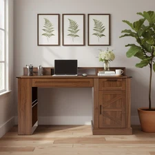 55 in Farmhouse Office Desk with Storage Cabinet & Charging Station