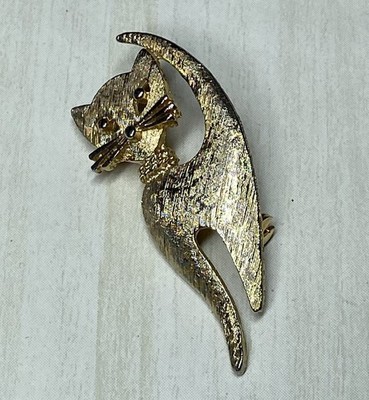 Vintage Pin Brooch Kitty Cat MCM Signed Mamselle Brushed Gold Tone 2 