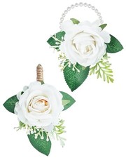 White Rose Wrist Corsage  Boutonniere Set - Perfect for Weddings  Prom