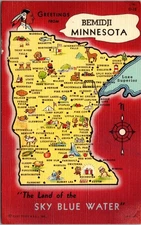 Greetings from Bemidji Minnesota Linen Postcard G-15 "The Land of Sky Blue Water