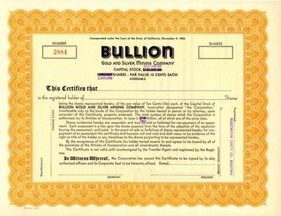 Bullion Gold and Silver Mining Co. - Stock Certificate - Mining Stocks