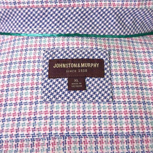 Johnston & Murphy Mens XL Shirt Blue Pink Green Check Cotton Button Up Flip Cuff - Picture 3 of 8