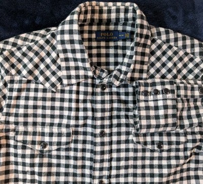 Polo Ralph Lauren Shirt Gingham Pearl Snap Western Cowboy White Black Men's M