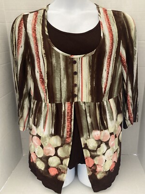 Dressbarn Blouse Women's 1X Multicolor Brown 3/4 Sleeve Top j342