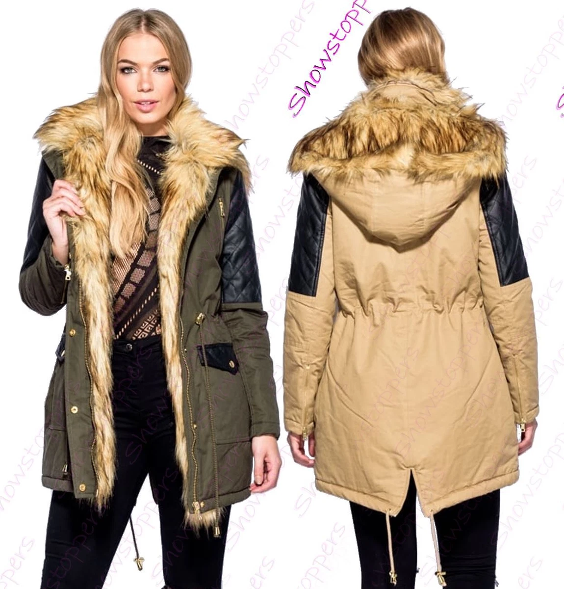 Womens Parka Coat Ladies Fur Jacket Size 8 10 12 14 PU Khaki Camel | eBay