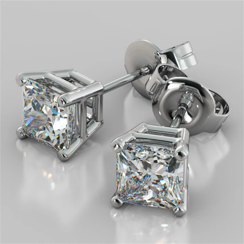 14K YELLOW OR WHITE GOLD STUD EARRINGS LAB CREATED PRINCESS CUT DIAMOND FLAWLESS - Image 2 of 4