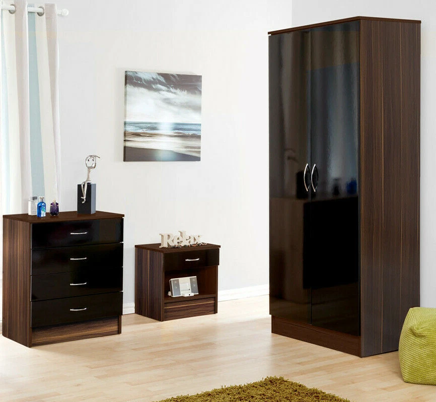 Black Gloss Walnut 3 Piece Bedroom Furniture Set Unit Wardrobe Chest Bedside