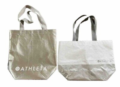 ATHLETA  2 Metallic Silver Tote Reusable  Shopping Bags With Handles