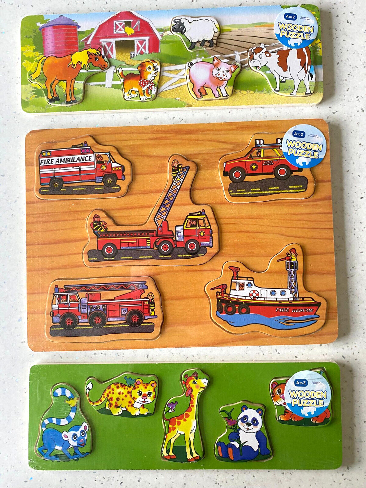 Preschool 3 Set Wooden Jigsaw Inset Peg Puzzles Jungle Farm Animals Vehicles NEW