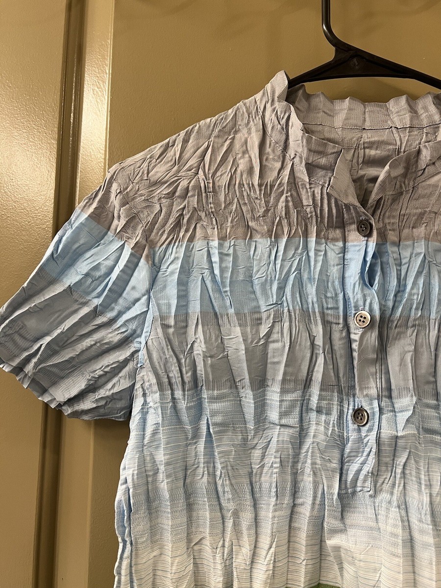issey miyake cotton blend green blue wrinkle top sz 2 (item