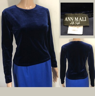 vtg ANN MALI Stretch Velvet Top Sz S Midnight Blue Long Slv Pullover 80s 90s USA