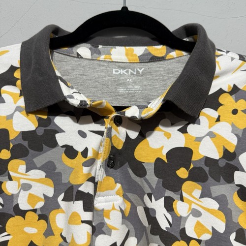 DKNY Herren gelb grau Blumenmuster Kurzarm Polo adrette klassische Baumwolle XL - Bild 3 von 4
